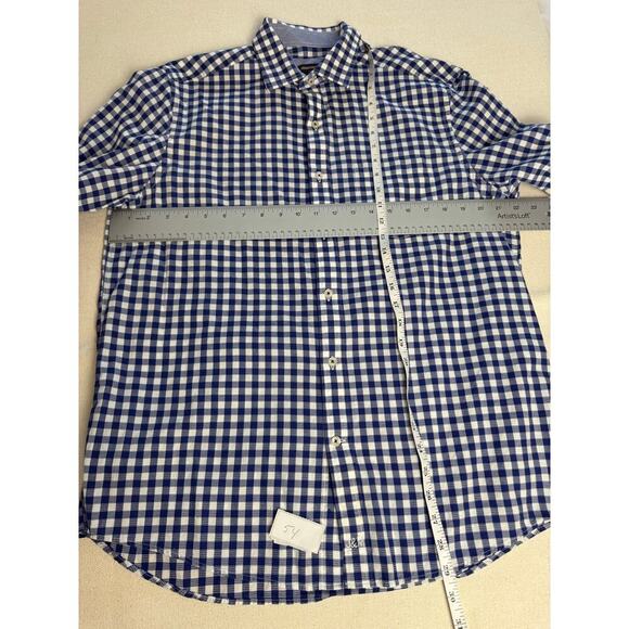 EUC Johnston Murphy Textured Cotton Dress Shirt Mens L Blue Check Plaid Button - Picture 8 of 11